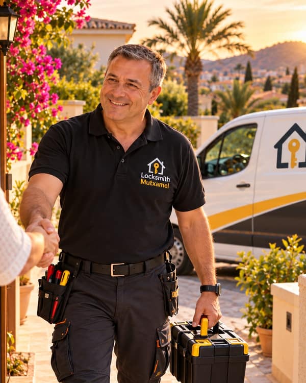 A man in a black polo shakes hands with a woman at her front door in golden evening light, toolbox in his other hand