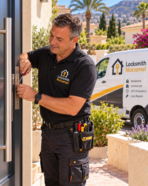 A man in a black polo works a screwdriver at the lock plate of a tall grey door with a steel bar handle