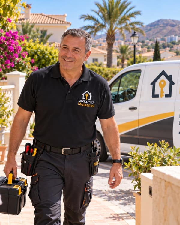 A smiling man in a black polo walks up a sunny paved drive with a toolbox, a white lettered van parked behind him